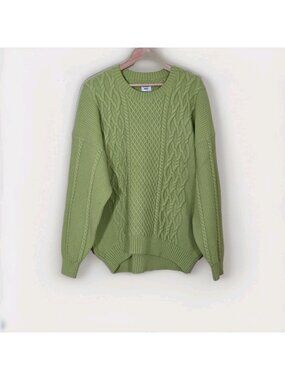 Aritzia Sunday Best Cable Fisherman Sweater M Lime Green LS Cotton Coastal Boxy